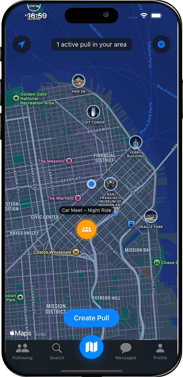Real-time map showing active Pulls
